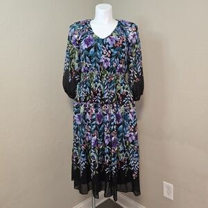 Danny & Nicole Floral Midi Dress Size 12 Black Purple Green V-neck